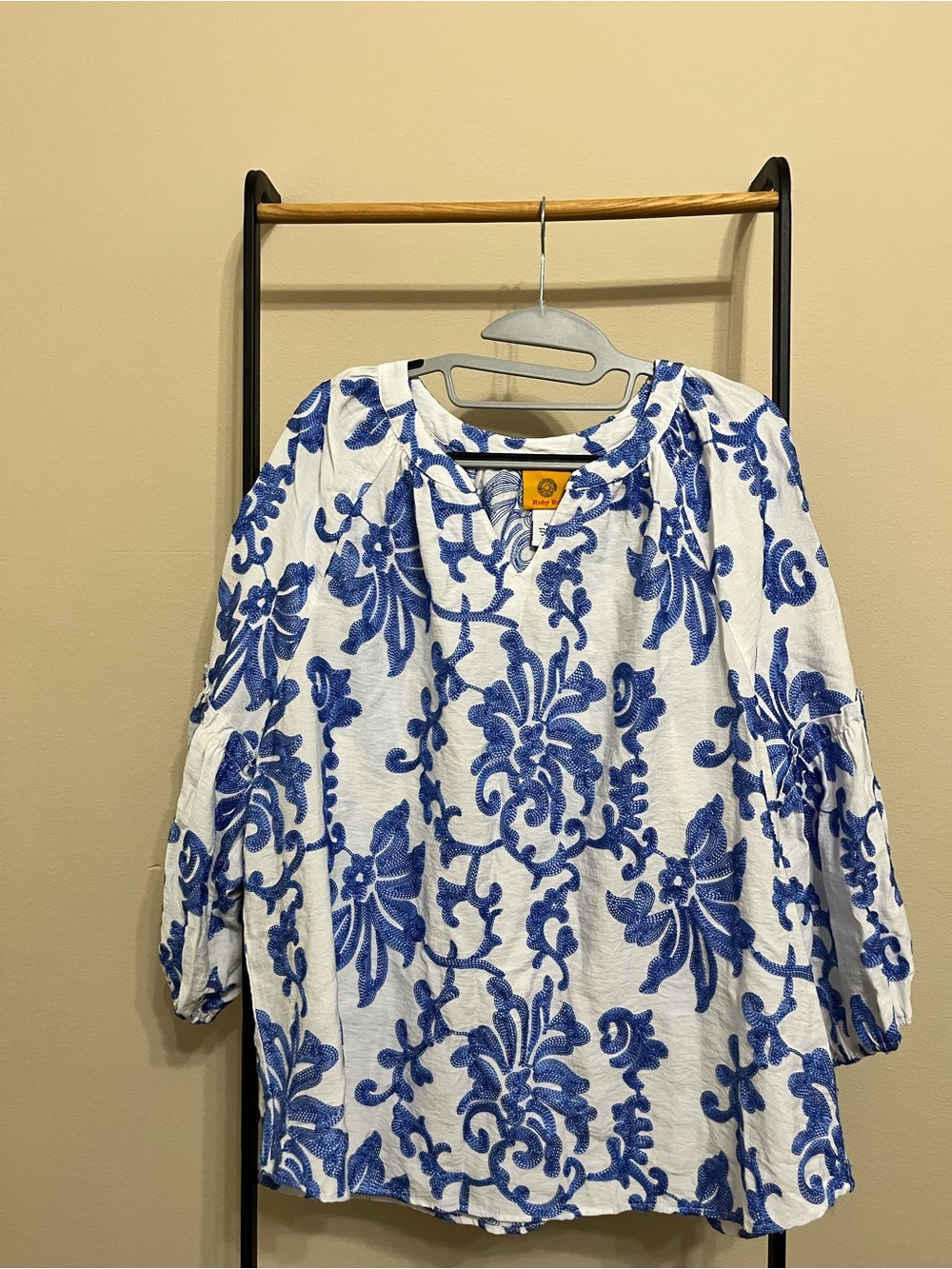 Ruby Rd. White Blouse with Blue Floral Embroidery